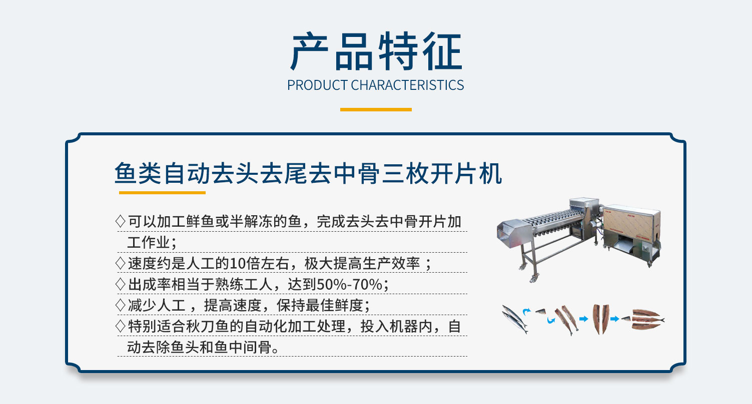 魚類自動去頭去尾去中骨三枚開片機組，秋刀魚自動化加工處理機組，高效率自動化加工